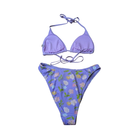 Highrise Floral PacSun Bottoms/Triangle Top By Skinny Dip Bikini Set Purple NWOT - Picture 4 of 8